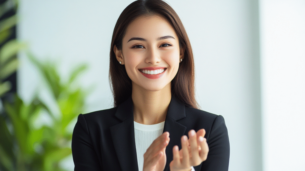 A female bookkeeper applauding success.