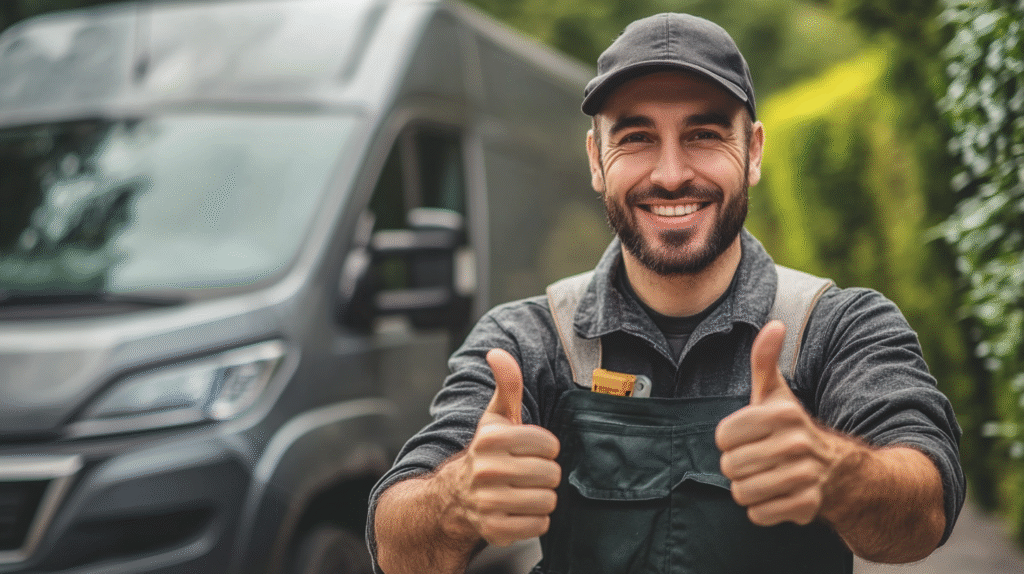 A Brisbane business owner standing in front of his work van giving thumbs up.