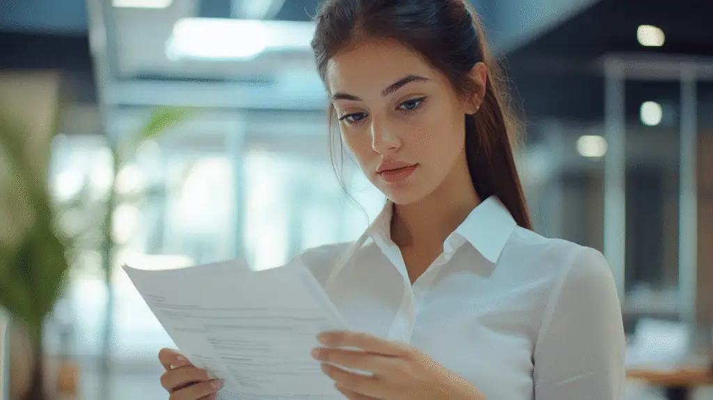 A Brisbane business owner looking at her financial reports to analyse business growth.