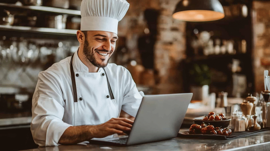 A Brisbane Chef restaurant owner working on his laptop in his restaurant kitchen.