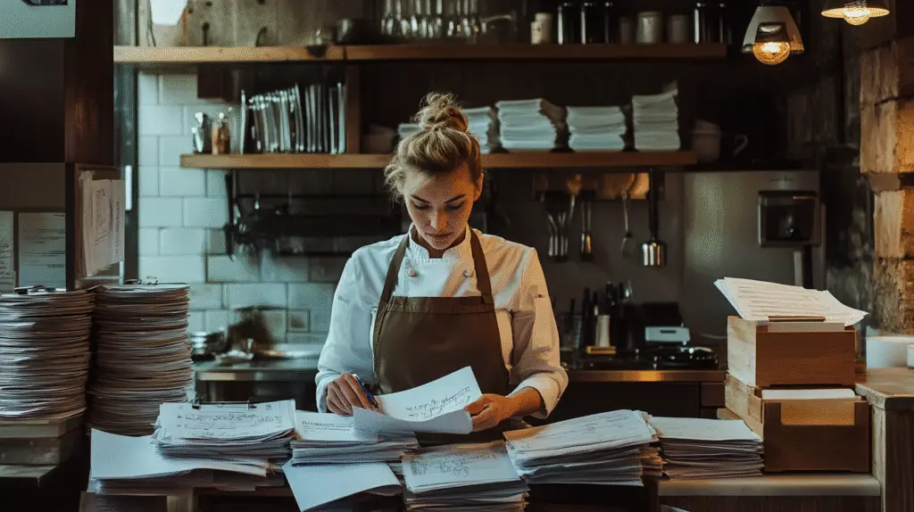 A Chef trying to catch up on bookkeeping at her Brisbane restaurant.