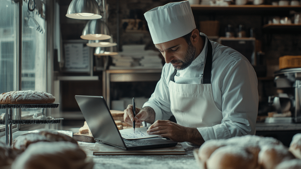 A baker in his bakery working on a laptop and writing a note.