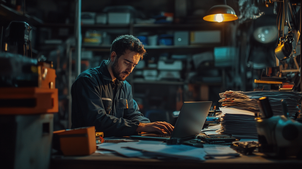 A mechanic working on his laptop late at night on his Brisbane bookkeeping.