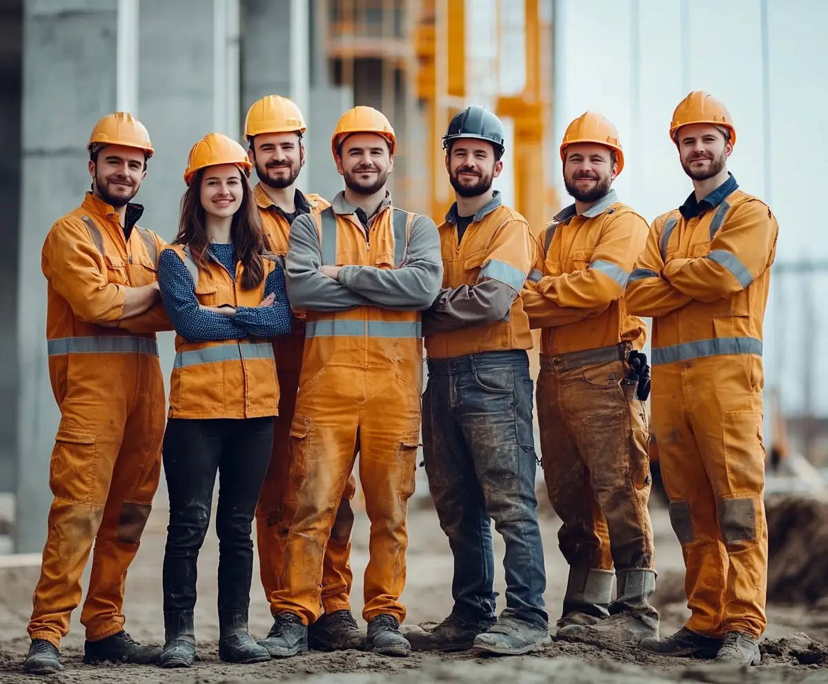 A team of builders posing for a team photo for their small business in Brisbane.
