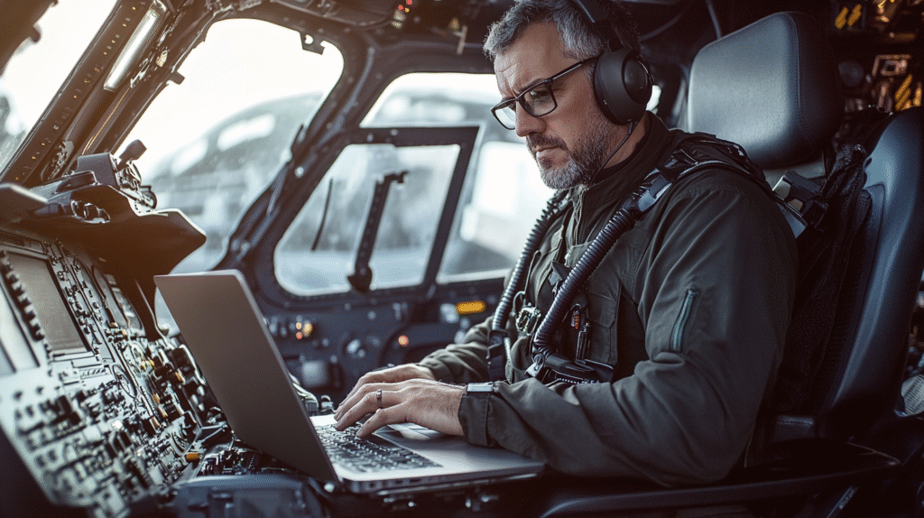 A Helicopter pilot sitting in his cockpit and working on his laptop.