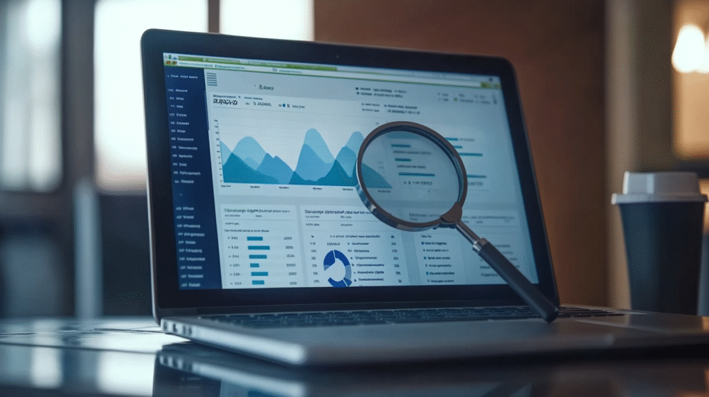 A laptop on a desk showing financial metrics.
