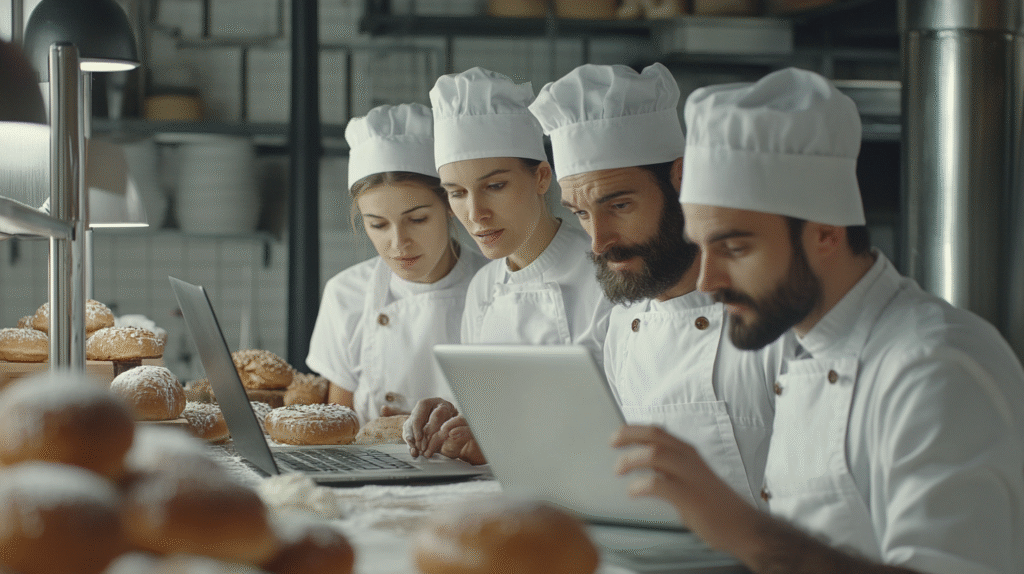 A team of bakers in their bakery looking at a laptop and measuring their bookkeeping roi.