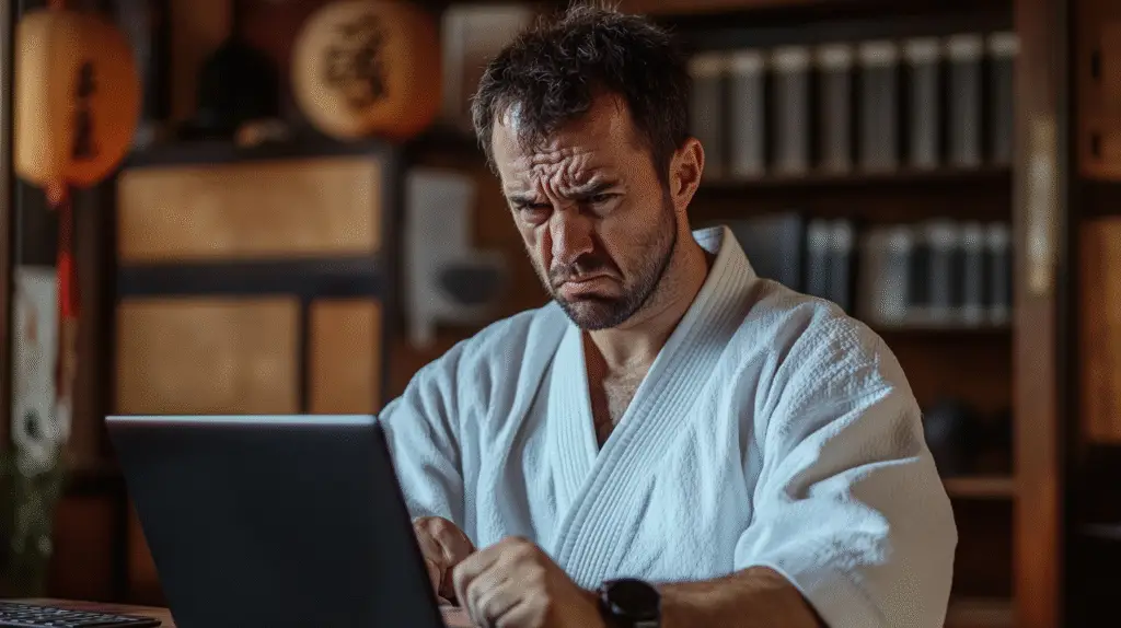 A Martial Arts instructor sitting in his dojo working on his laptop.