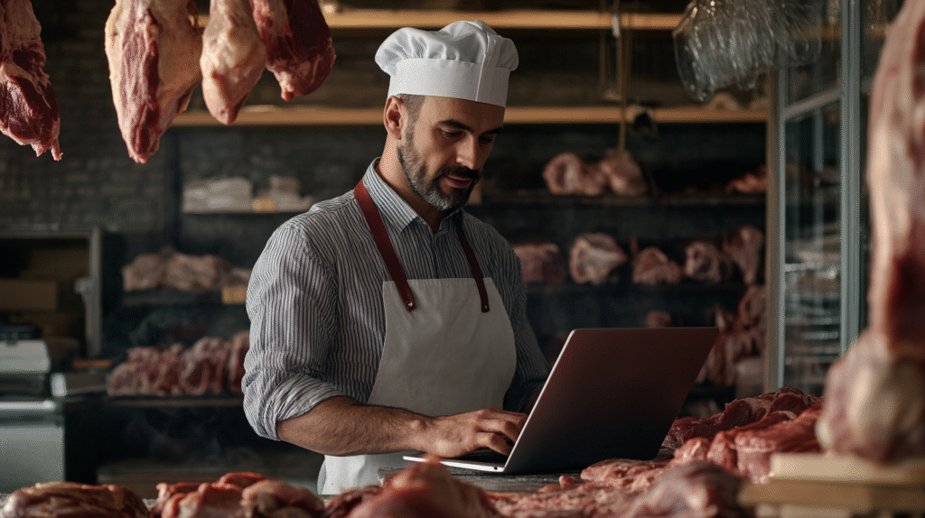 A Butcher in his butcher shop working on his laptop.