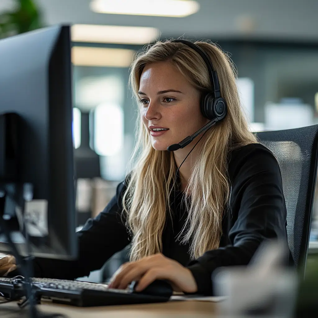 A female bookkeeper working on a client file and talking to the client on a video call.