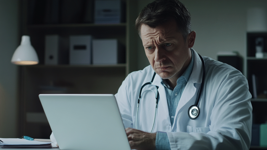 A Doctor working in his Brisbane office and frowning looking at his laptop at ATO requirements.