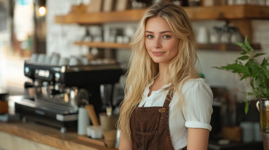 A female cafe owner in her cafe in Teneriffe, Brisbane.