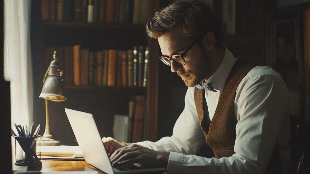 A bookkeeper working on his laptop in Woolloongabba, Brisbane.