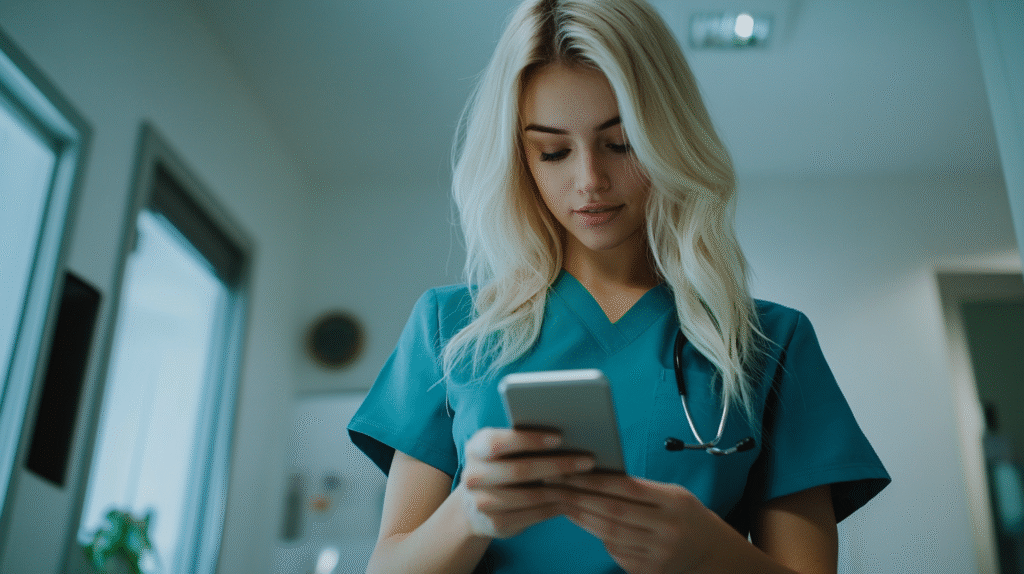A female doctor checking her digital bookkeeping records on her mobile phone.