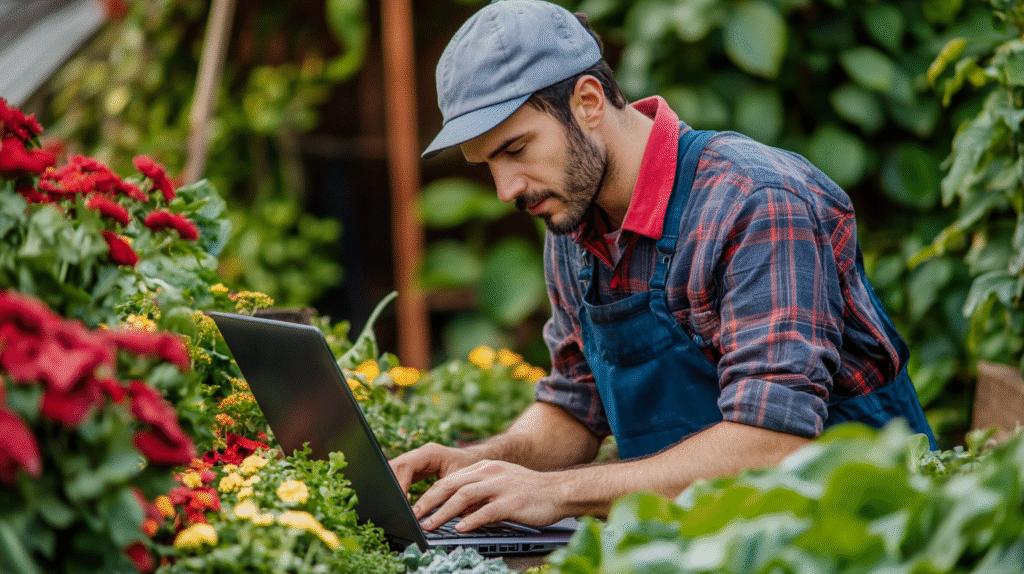 A gardener in Brisbane working on his laptop in a garden.