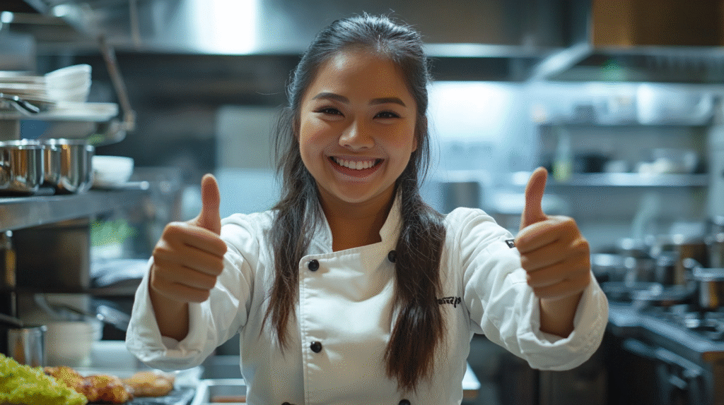 A chef in her Brisbane restaurant giving two thumbs up.