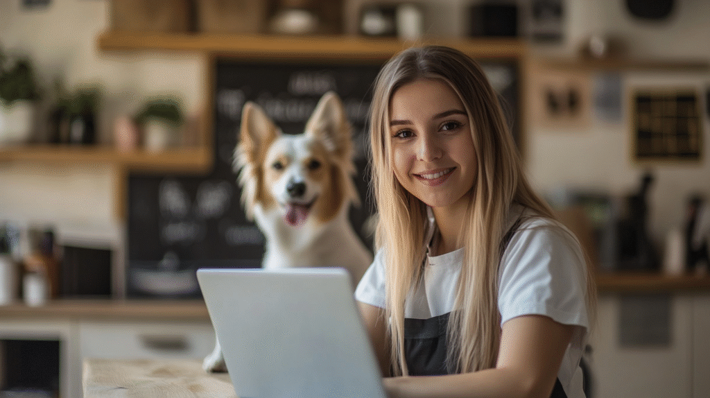 A Brisbane Dog Grooming business owner working on her bookkeeping on her laptop.