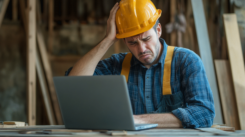 A carpenter working on his laptop in Fortitude Valley Brisbane.