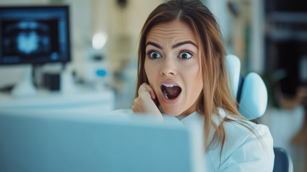 A female dentist looking at her computer screen in shock as she is seeing warning signs.