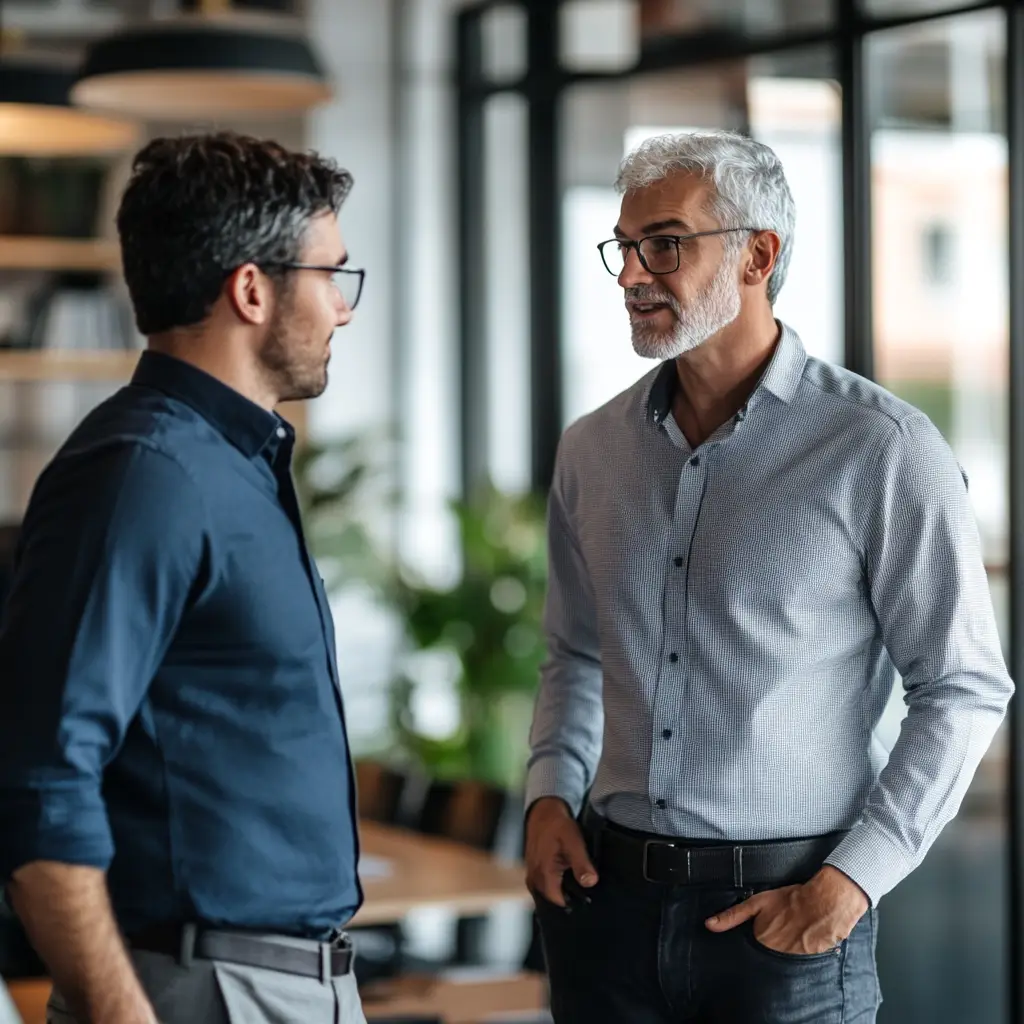 A male bookkeeper talking to a client in-person at the office.