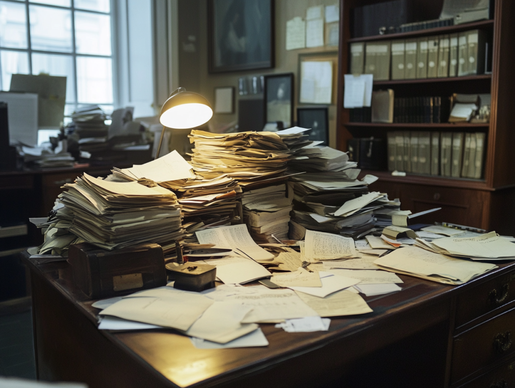 A desk in an office covered in messy paperwork and piles of paper.