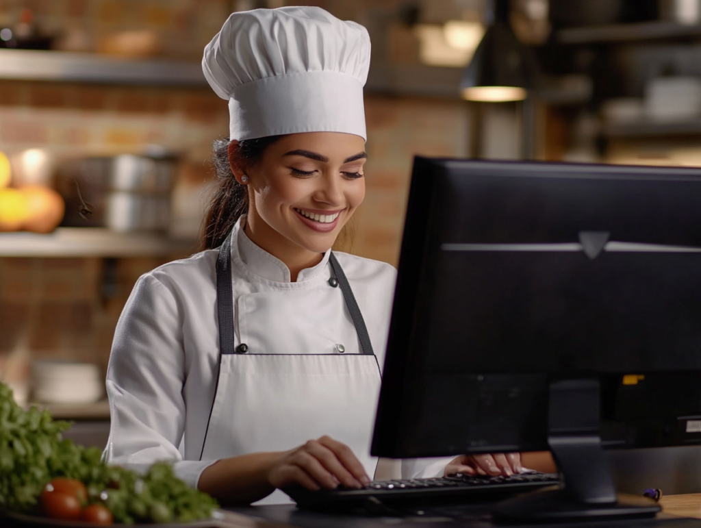 A chef in their uniform working on the business bookkeeping at her restaurant.