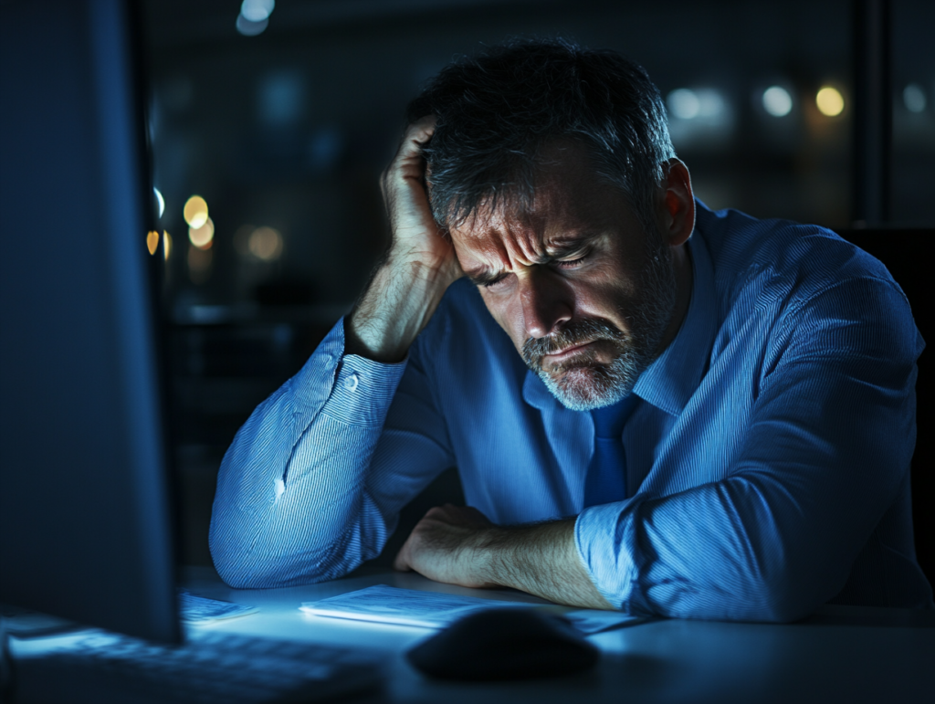 A business owner sitting at his desk looking stressed as he has not been reconciling his accounts properly.