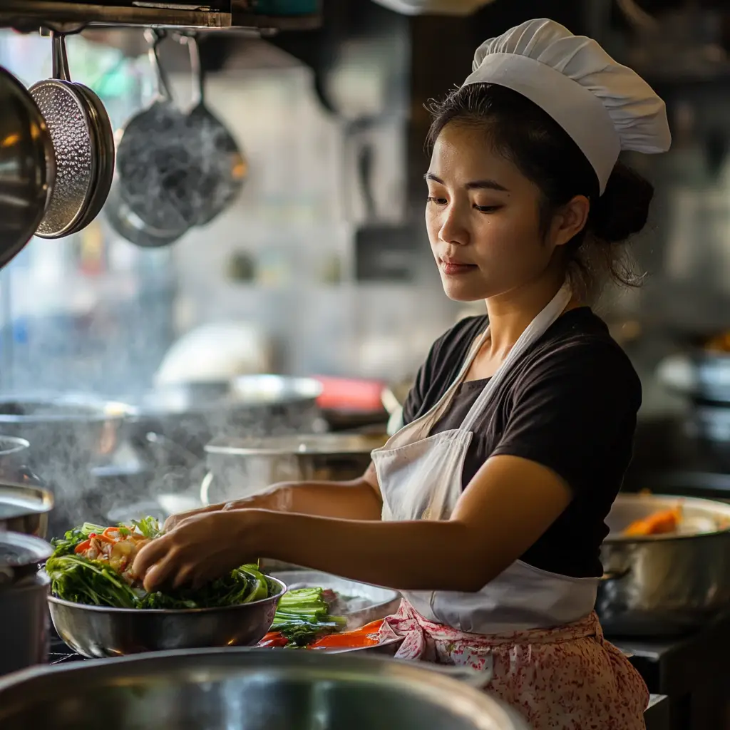 A female chef working busily at her small business restaurant.