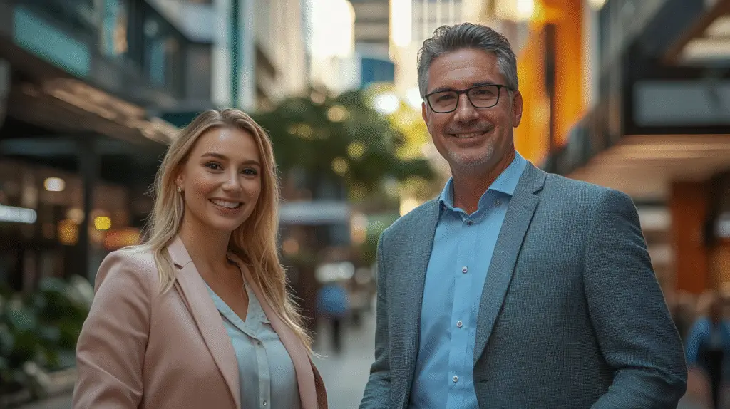 Two business owners standing on a street in the Brisbane CBD.