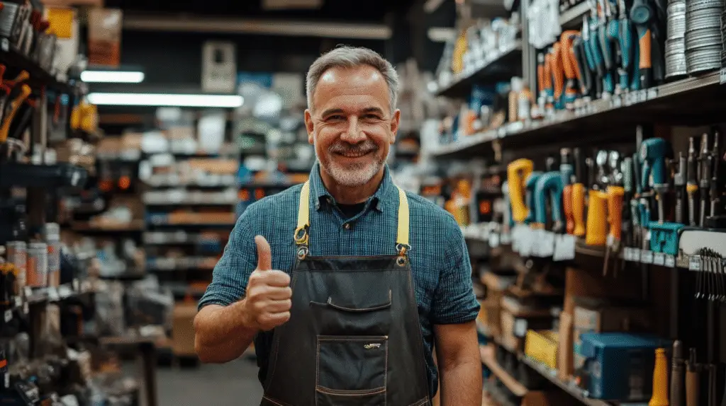 A hardware store owner standing in his store and giving a thumbs up to the camera in Spring Hill, Brisbane.