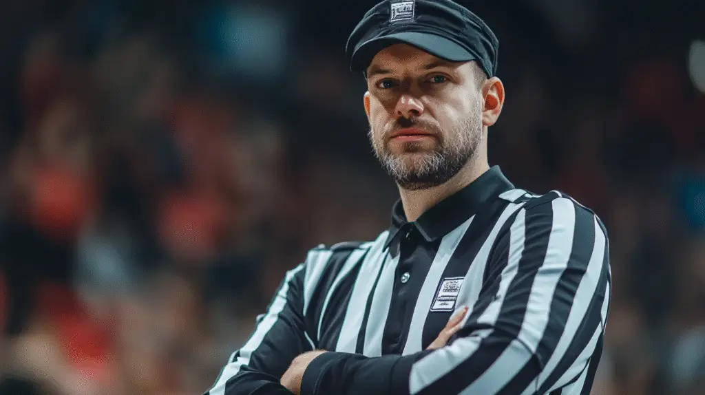 A referee in his uniform with his arms folded.