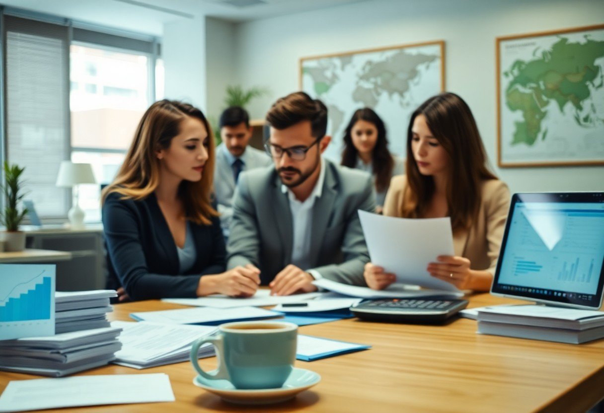 Business owners in Kenmore, Brisbane, discussing their bookkeeping needs in an office.